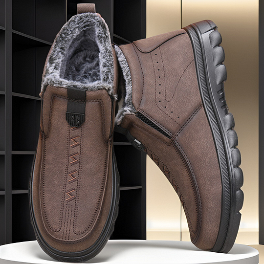 Botas ortopédicas de invierno para hombre, cálidas, de cuero, con forro de franela, con soporte para el arco, impermeables y antideslizantes.