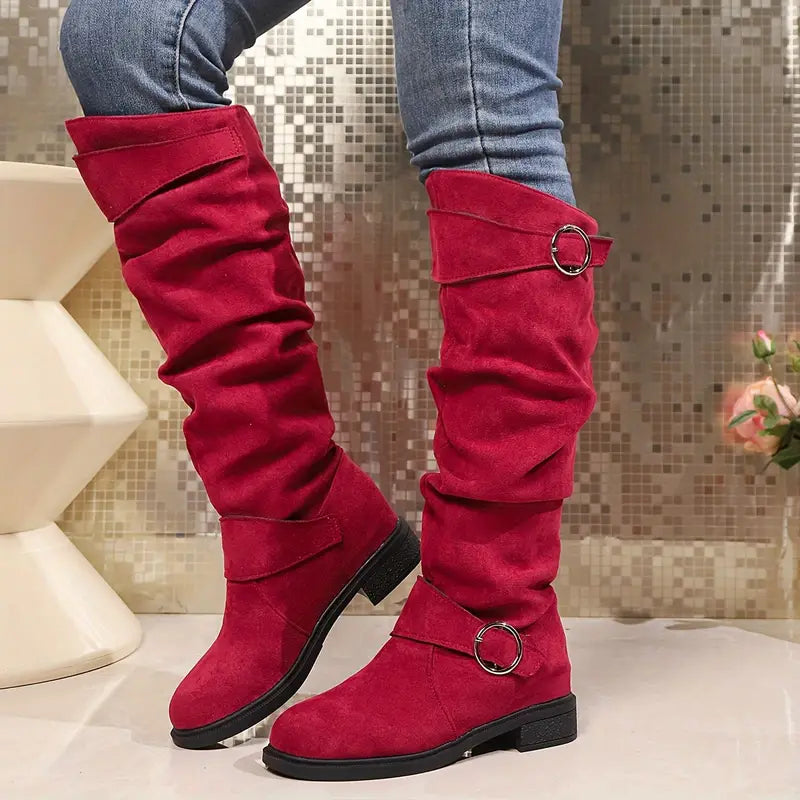 🎄Último día 49% de descuento❤️ Botas de mujer de color liso, modernas, con hebilla y tacón grueso hasta la rodilla, con punta redonda holgada para invierno