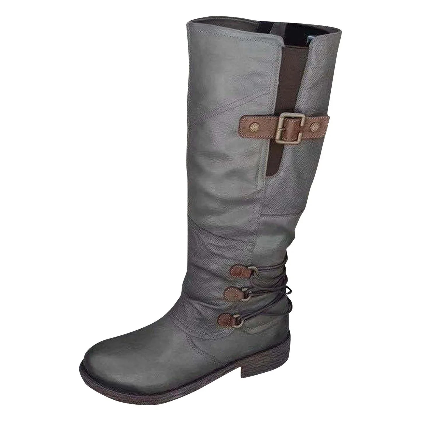 Botas altas de piel vintage con cremallera y pantorrilla ancha para mujer