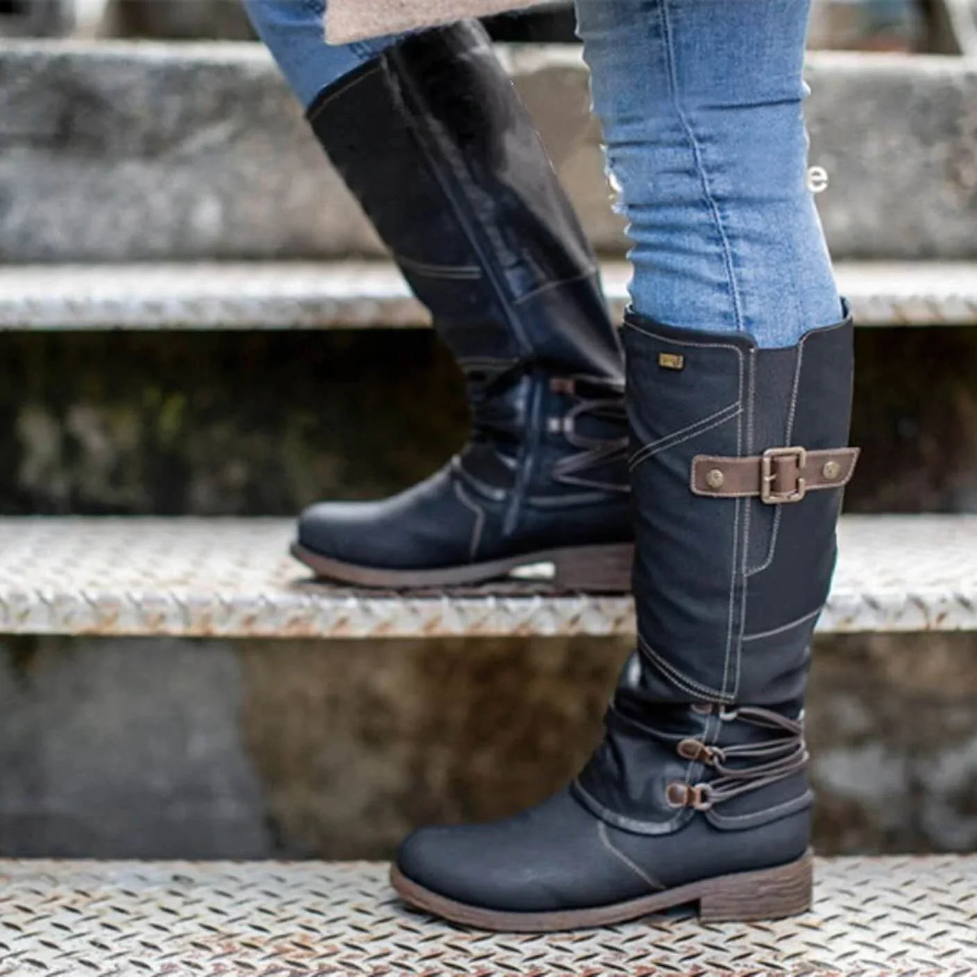 Botas altas de piel vintage con cremallera y pantorrilla ancha para mujer
