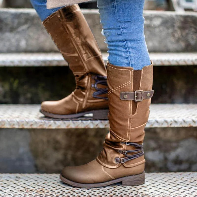 Botas altas de piel vintage con cremallera y pantorrilla ancha para mujer