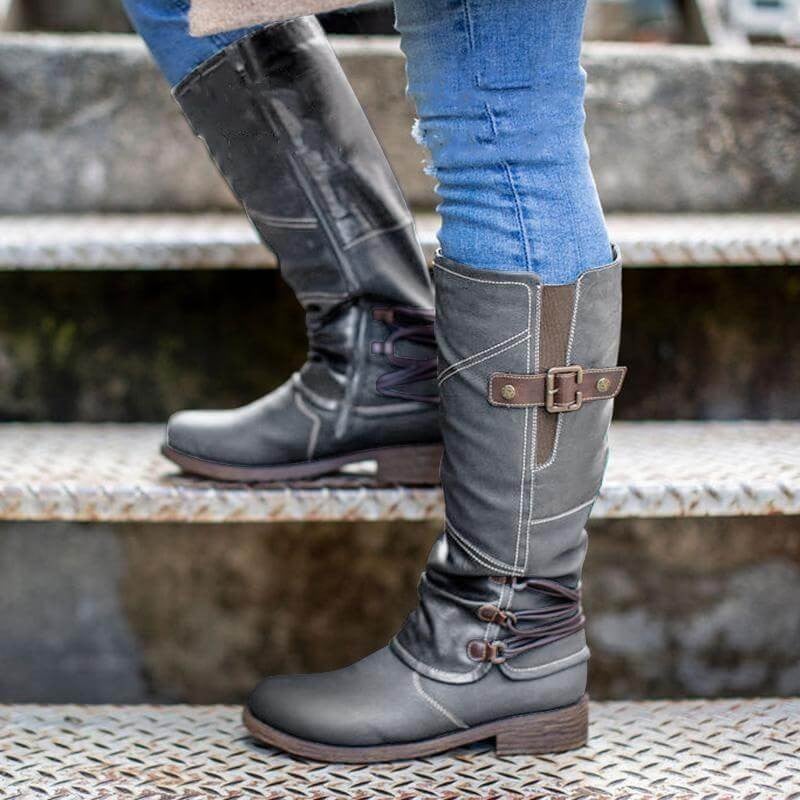 Botas altas de piel vintage con cremallera y pantorrilla ancha para mujer