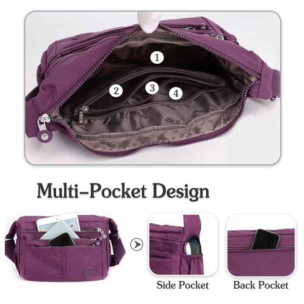 Bolso bandolera informal impermeable de gran capacidad y múltiples bolsillos.