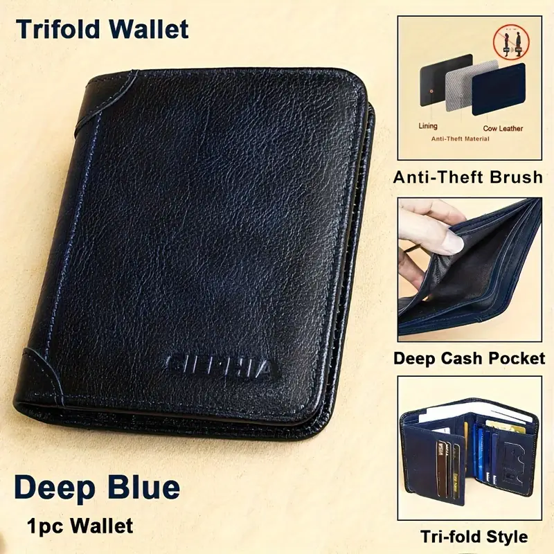 Cartera vintage de cuero genuino con bloqueo RFID para hombre, billetera triple