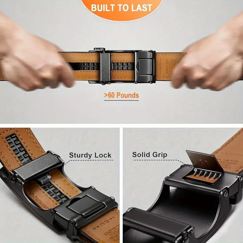 Cinturón de trinquete de cuero genuino para hombre - Hebilla automática ajustable, estilo informal y versátil para negocios