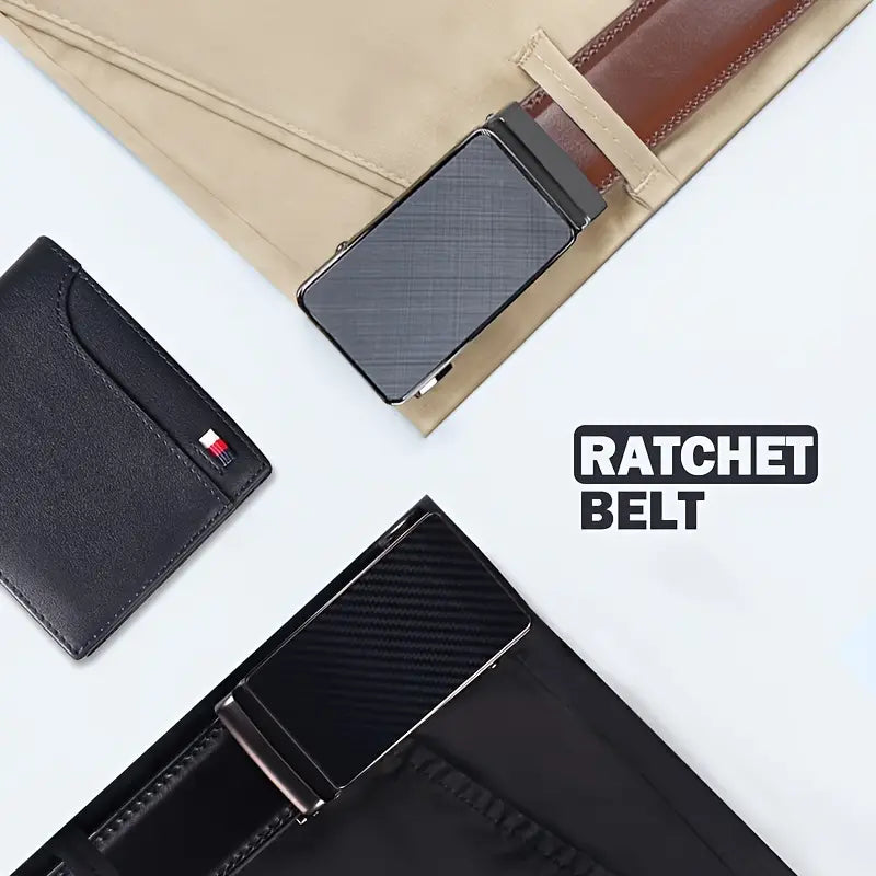 Cinturón de trinquete de cuero genuino para hombre - Hebilla automática ajustable, estilo informal y versátil para negocios