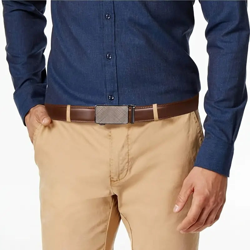 Cinturón de trinquete de cuero genuino para hombre - Hebilla automática ajustable, estilo informal y versátil para negocios