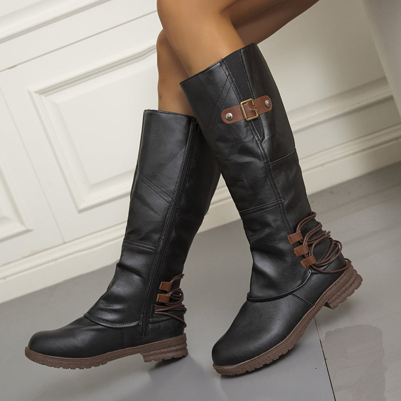 Botas altas de piel vintage con cremallera y pantorrilla ancha para mujer
