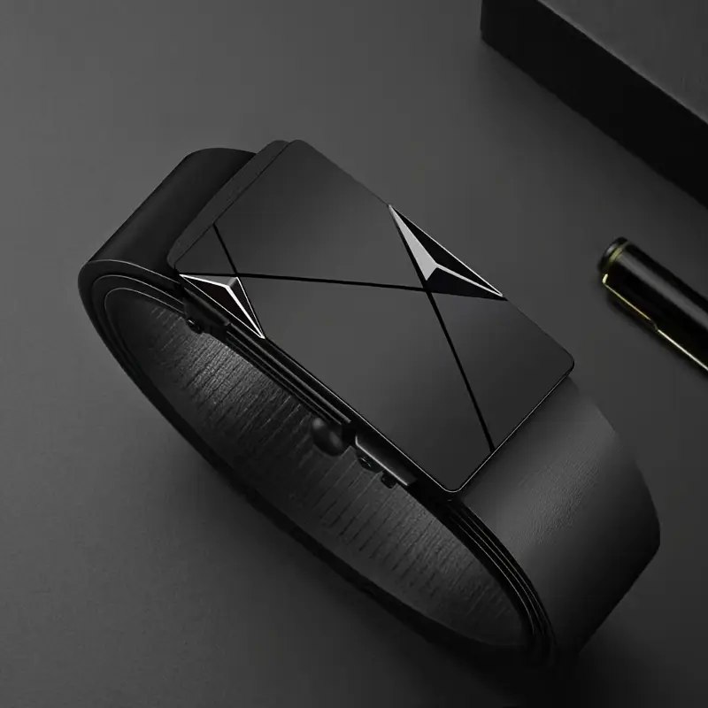 Cinturón de piel de vacuno automático con hebilla automática, color negro, elegante para hombre (B003)