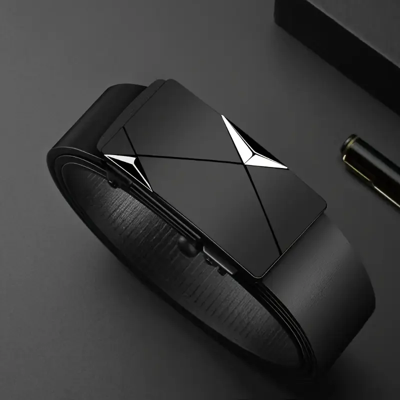 Cinturón de piel de vacuno automático con hebilla automática, color negro, elegante para hombre (B003)