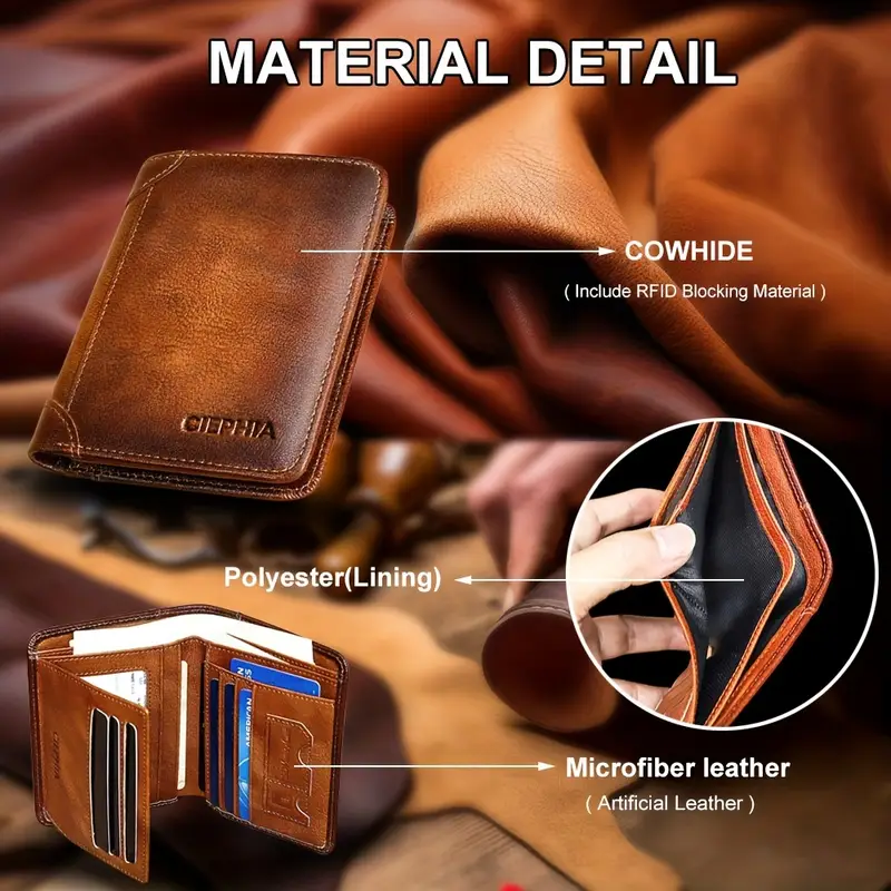 Cartera vintage de cuero genuino con bloqueo RFID para hombre, billetera triple