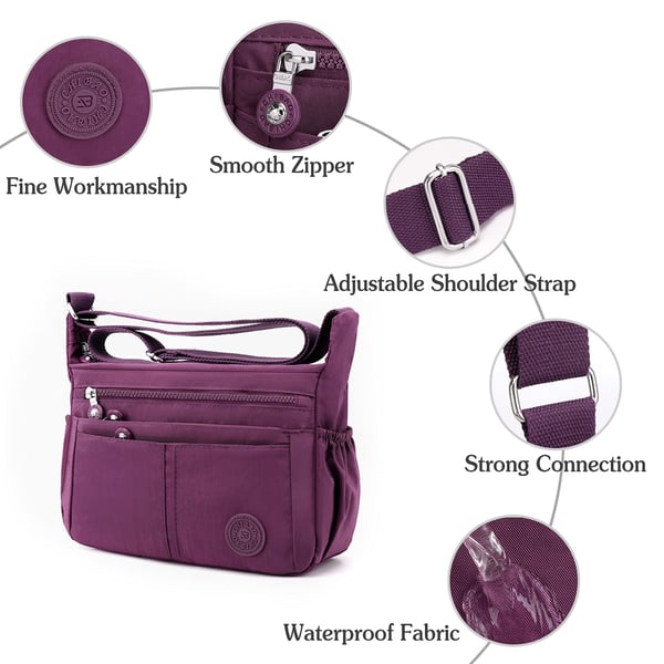 Bolso bandolera informal impermeable de gran capacidad y múltiples bolsillos.