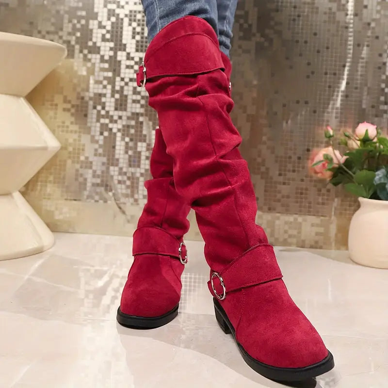 🎄Último día 49% de descuento❤️ Botas de mujer de color liso, modernas, con hebilla y tacón grueso hasta la rodilla, con punta redonda holgada para invierno