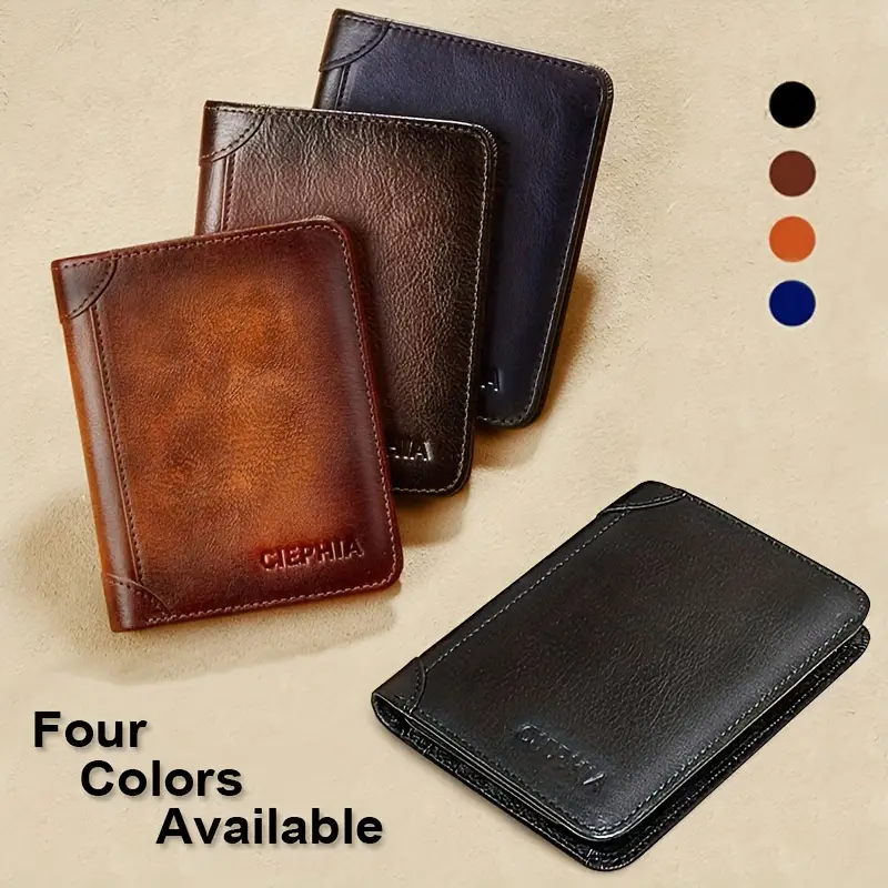 Cartera vintage de cuero genuino con bloqueo RFID para hombre, billetera triple