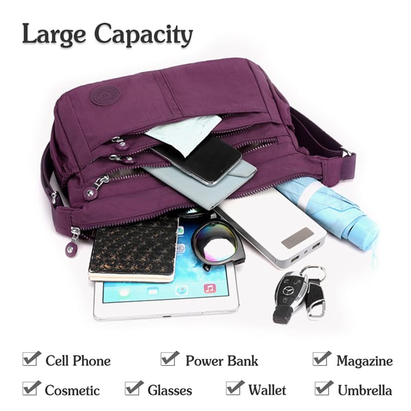 Bolso bandolera informal impermeable de gran capacidad y múltiples bolsillos.