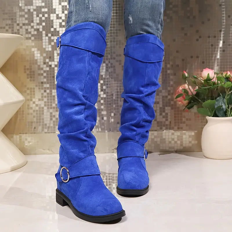 🎄Último día 49% de descuento❤️ Botas de mujer de color liso, modernas, con hebilla y tacón grueso hasta la rodilla, con punta redonda holgada para invierno