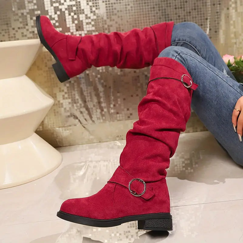 🎄Último día 49% de descuento❤️ Botas de mujer de color liso, modernas, con hebilla y tacón grueso hasta la rodilla, con punta redonda holgada para invierno
