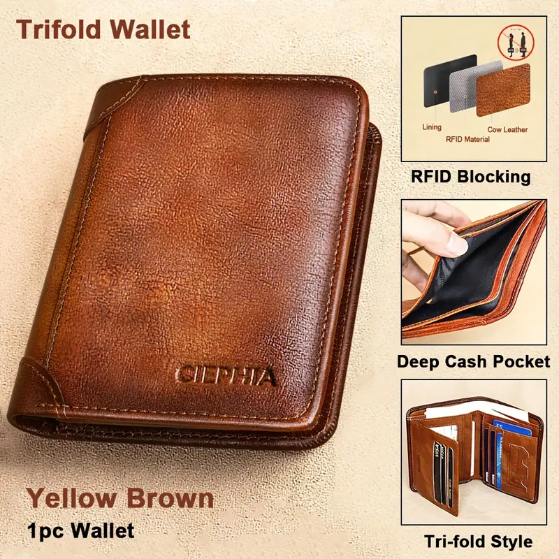 Cartera vintage de cuero genuino con bloqueo RFID para hombre, billetera triple