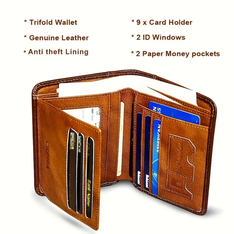Cartera vintage de cuero genuino con bloqueo RFID para hombre, billetera triple