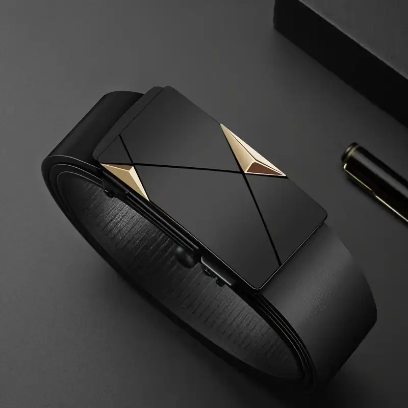 Cinturón de piel de vacuno automático con hebilla automática, color negro, elegante para hombre (B003)