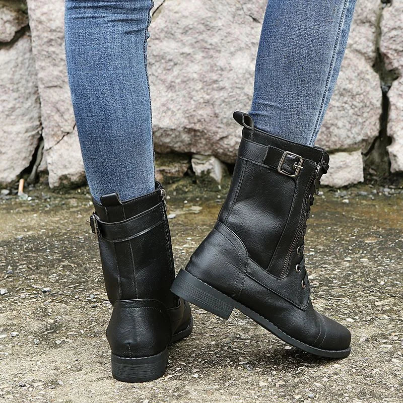 OFERTA CALIENTE 70% DE DESCUENTO🔥Botas ortopédicas de cuero con cremallera lateral y punta redonda para mujer