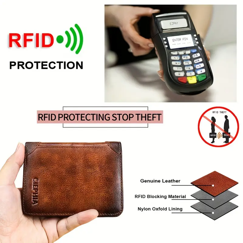 Cartera vintage de cuero genuino con bloqueo RFID para hombre, billetera triple