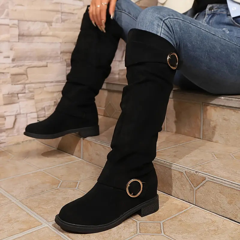 🎄Último día 49% de descuento❤️ Botas de mujer de color liso, modernas, con hebilla y tacón grueso hasta la rodilla, con punta redonda holgada para invierno