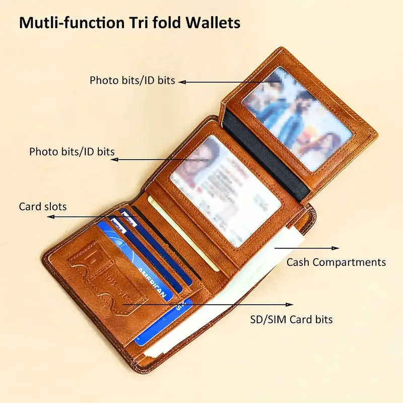 Cartera vintage de cuero genuino con bloqueo RFID para hombre, billetera triple