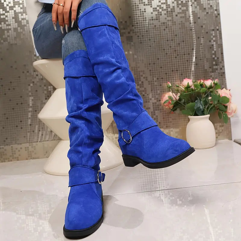 🎄Último día 49% de descuento❤️ Botas de mujer de color liso, modernas, con hebilla y tacón grueso hasta la rodilla, con punta redonda holgada para invierno