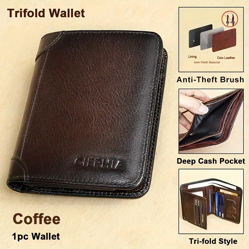 Cartera vintage de cuero genuino con bloqueo RFID para hombre, billetera triple