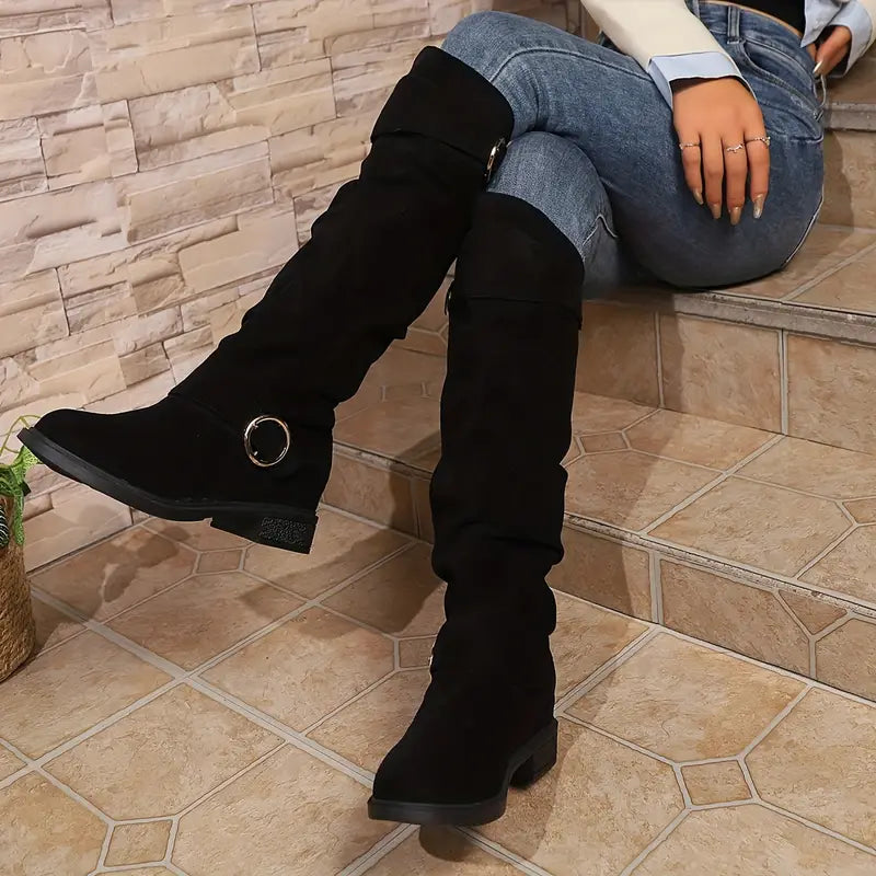 🎄Último día 49% de descuento❤️ Botas de mujer de color liso, modernas, con hebilla y tacón grueso hasta la rodilla, con punta redonda holgada para invierno