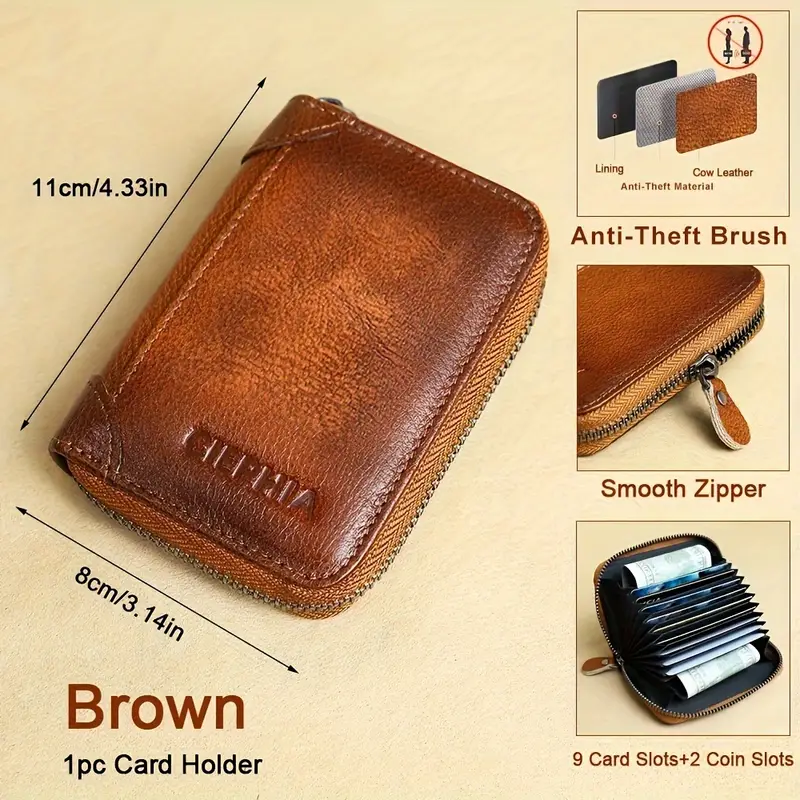 Cartera vintage de cuero genuino con bloqueo RFID para hombre, billetera triple