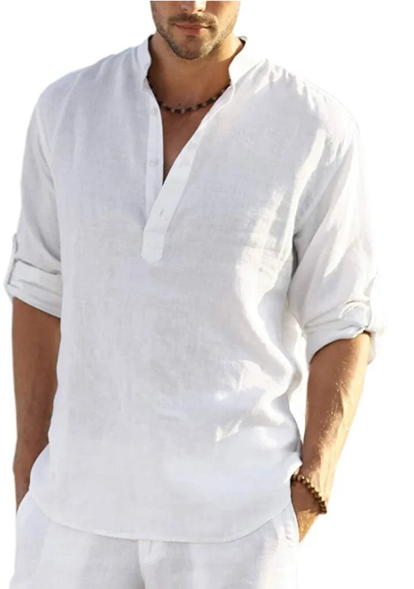 Camiseta Henley de algodón y lino para hombre, camisetas casuales hippies de manga larga