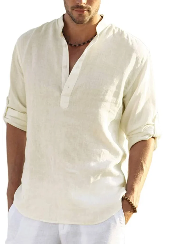 Camiseta Henley de algodón y lino para hombre, camisetas casuales hippies de manga larga