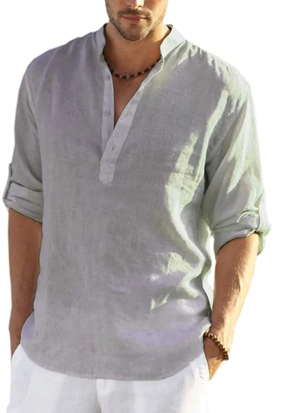 Camiseta Henley de algodón y lino para hombre, camisetas casuales hippies de manga larga