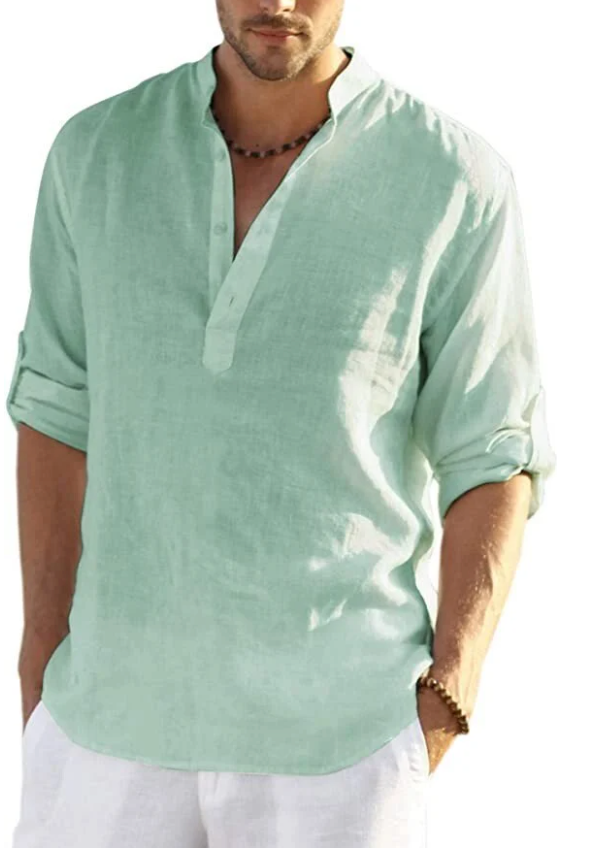 Camiseta Henley de algodón y lino para hombre, camisetas casuales hippies de manga larga
