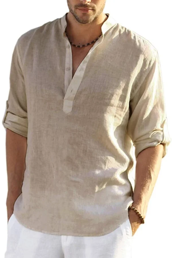 Camiseta Henley de algodón y lino para hombre, camisetas casuales hippies de manga larga