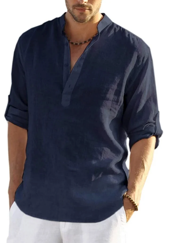Camiseta Henley de algodón y lino para hombre, camisetas casuales hippies de manga larga