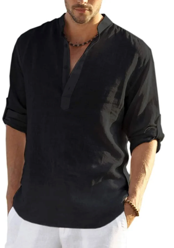 Camiseta Henley de algodón y lino para hombre, camisetas casuales hippies de manga larga