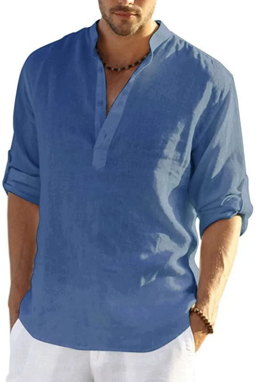 Camiseta Henley de algodón y lino para hombre, camisetas casuales hippies de manga larga