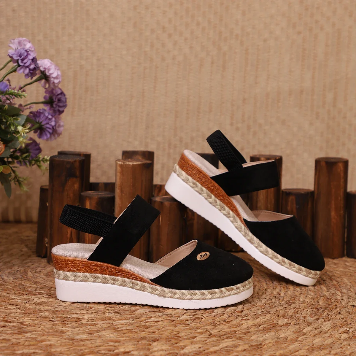 Rebajas de primavera 45%💝 Sandalias de cuña con alpargatas de punta cerrada para mujer: plataforma con tira trasera elástica