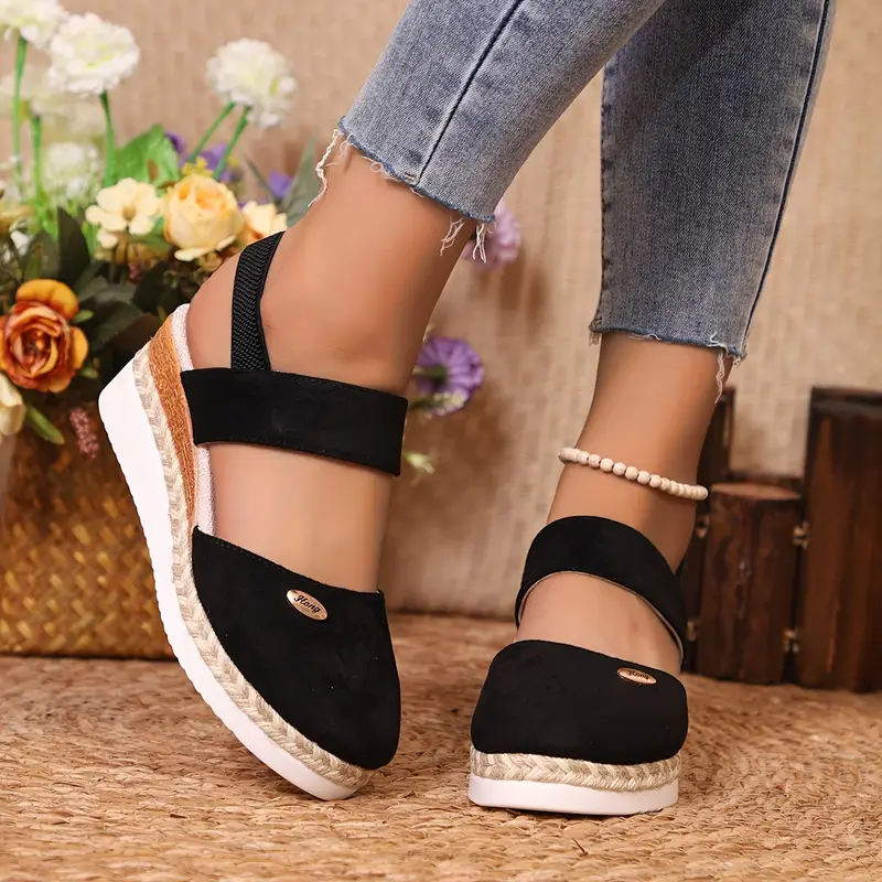 Rebajas de primavera 45%💝 Sandalias de cuña con alpargatas de punta cerrada para mujer: plataforma con tira trasera elástica