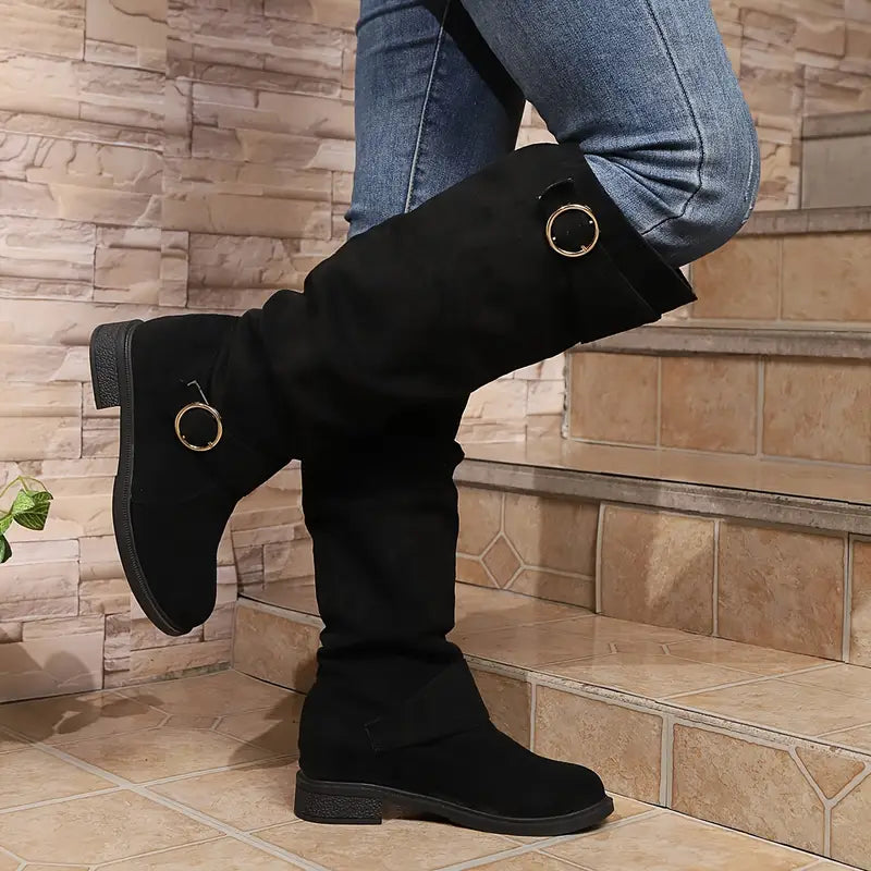 🎄Último día 49% de descuento❤️ Botas de mujer de color liso, modernas, con hebilla y tacón grueso hasta la rodilla, con punta redonda holgada para invierno