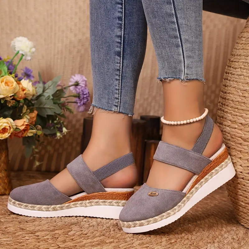 Rebajas de primavera 45%💝 Sandalias de cuña con alpargatas de punta cerrada para mujer: plataforma con tira trasera elástica
