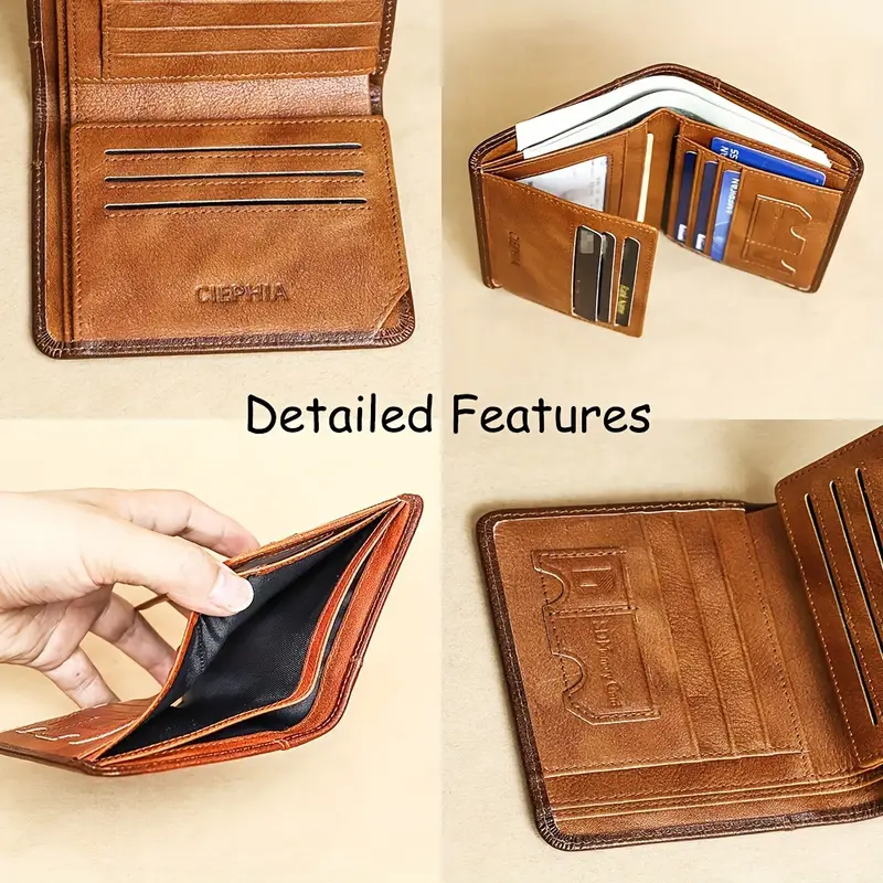 Cartera vintage de cuero genuino con bloqueo RFID para hombre, billetera triple