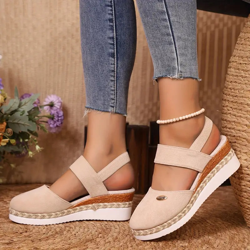 Rebajas de primavera 45%💝 Sandalias de cuña con alpargatas de punta cerrada para mujer: plataforma con tira trasera elástica