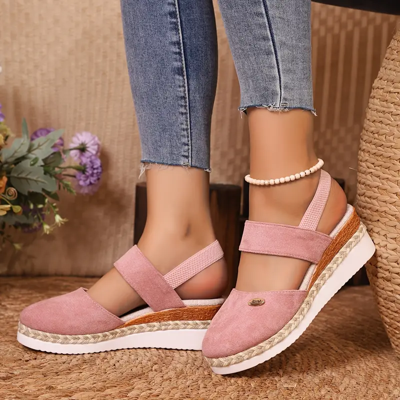 Rebajas de primavera 45%💝 Sandalias de cuña con alpargatas de punta cerrada para mujer: plataforma con tira trasera elástica