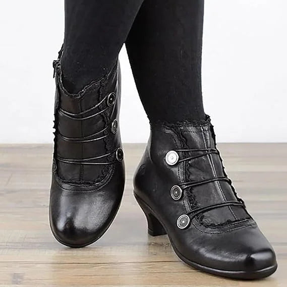 Botines victorianos negros con botones y ribete de encaje para mujer