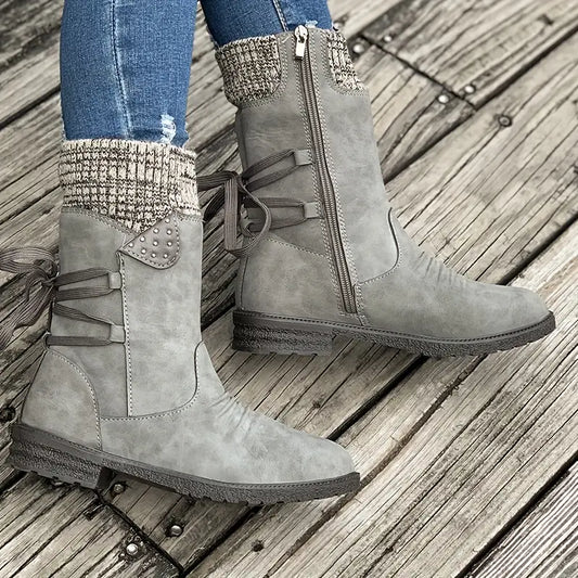 Botas de nieve de media pantorrilla anchas con encaje trasero cálido para mujer