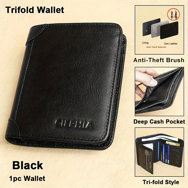 Cartera vintage de cuero genuino con bloqueo RFID para hombre, billetera triple